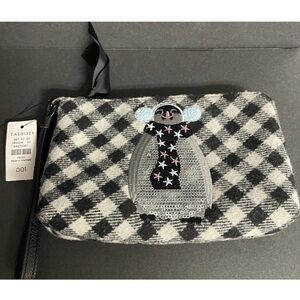 Talbots Wristlet Black Gray Plaid Embellished Snowman Polyester Blend 7"x4"x1"